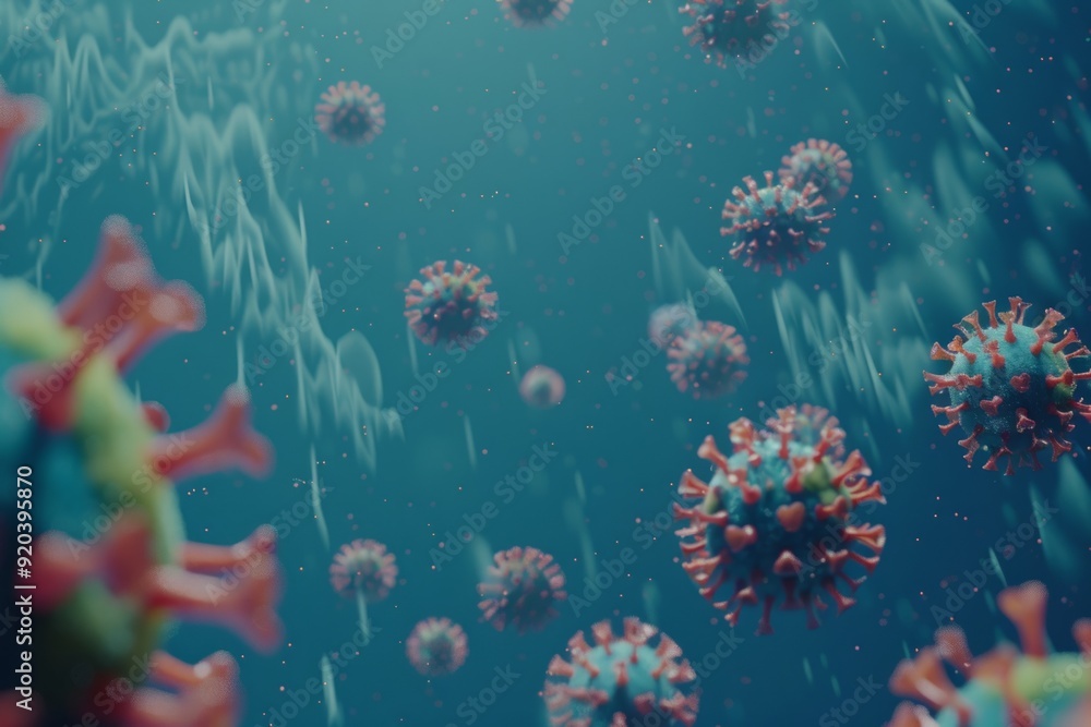 Fototapeta premium Colorful virus cells floating in liquid. Conceptual digital art style. Ideal for medical and scientific purposes. Generative AI