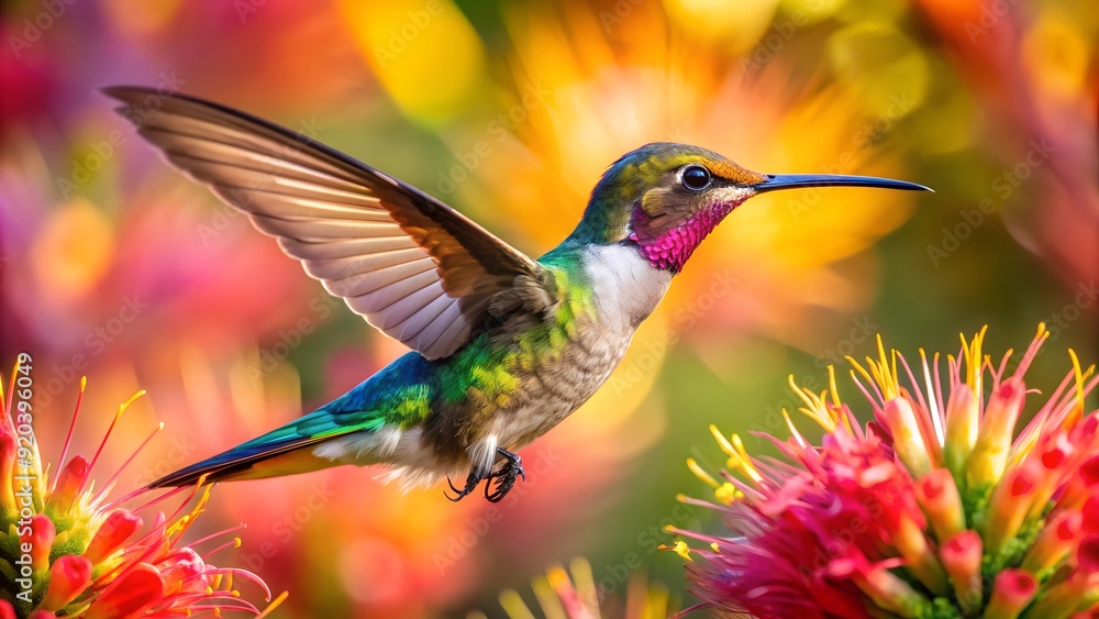 Fototapeta premium Ultra hd macro Colorful humming bird are flying near flowers and pecking at water droplets falling from beautiful wild flowers pollen.