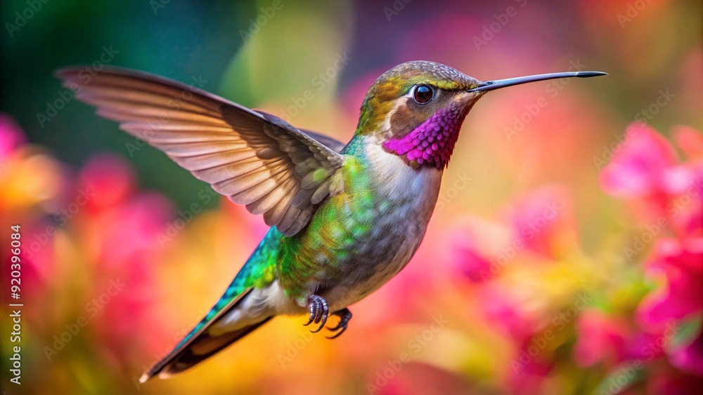 Naklejka premium Ultra hd macro Colorful humming bird are flying near flowers and pecking at water droplets falling from beautiful wild flowers pollen. 