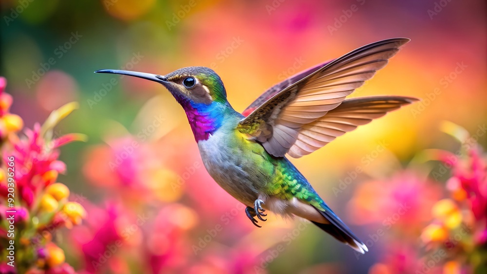 Fototapeta premium Ultra hd macro Colorful humming bird are flying near flowers and pecking at water droplets falling from beautiful wild flowers pollen. 