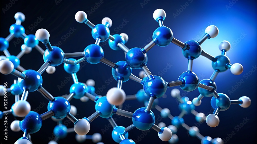 Molecular model of perfluorooctanoic acid, a synthetic chemical compound with potential environmental and health concerns, highlighted in bright blue against a dark background. Molecular model of perfluorooctanoic acid, a synthetic chemical compound with potential environmental and health concerns, highlighted in bright blue against a dark background.
