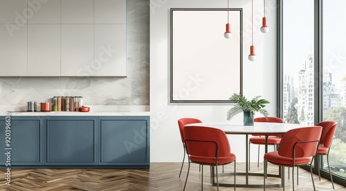Wallpaper Mural Une cuisine ouverte avec des armoires bleues, des chaises de salle à manger rouges, un plancher en bois et un cadre vide sur le mur. Torontodigital.ca