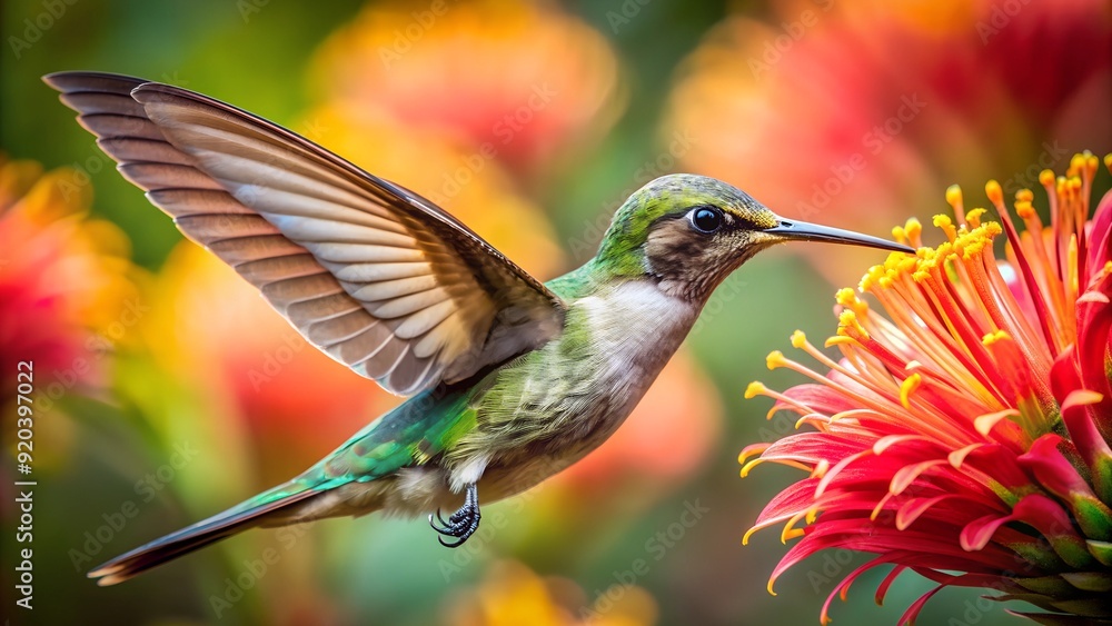 Fototapeta premium Ultra hd macro Colorful humming bird are flying near flowers and pecking at water droplets falling from beautiful wild flowers pollen. 
