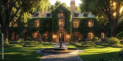 Charming Estate with Extensive Gardens and Serene Atmosphere, generative ai photo