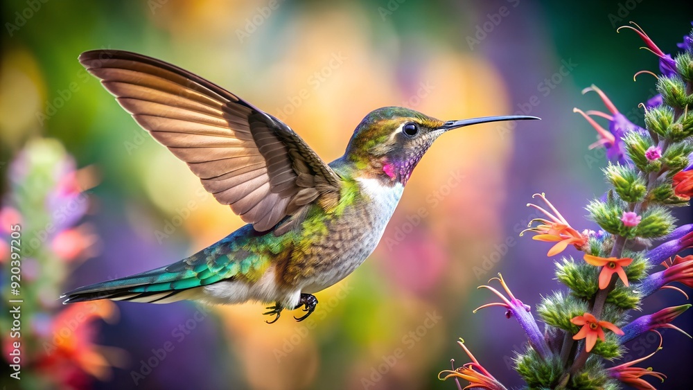 Ultra hd macro Colorful humming bird are flying near flowers and pecking at water droplets falling from beautiful wild flowers pollen.
Ultra hd macro Colorful humming bird are flying near flowers and pecking at water droplets falling from beautiful wild flowers pollen.