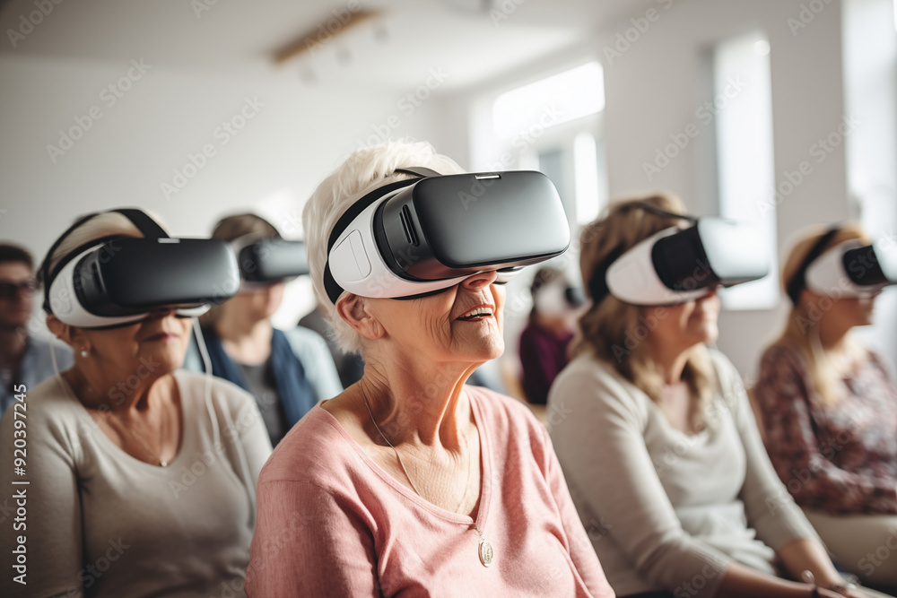 Older adults participating in a technology workshop using virtual reality glasses in a bright learning environment Older adults participating in a technology workshop using virtual reality glasses in a bright learning environment