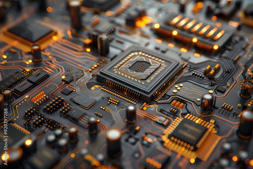 Intricate Close-Up of a Modern Circuit Board with Glowing Components Intricate Close-Up of a Modern Circuit Board with Glowing Components