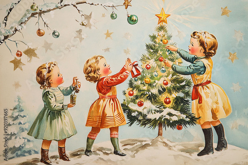 Children decorate the Christmas tree. Illustration in vintage style. Christmas greeting card