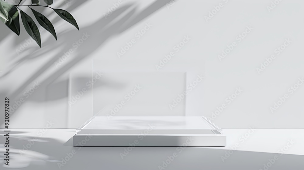 Sleek acrylic podium mockup on a minimalist white background, ideal for modern product displays. Sleek acrylic podium mockup on a minimalist white background, ideal for modern product displays.