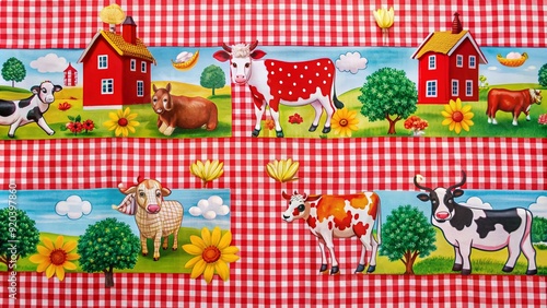 Vibrant oilcloth featuring a whimsical illustration of farm animals, including a cow, set against a bright red and white checked background, evoking rural charm. photo