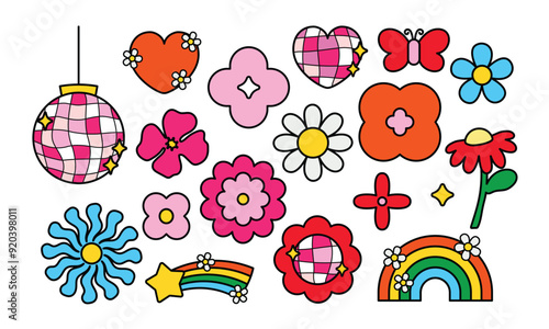 Cute 70s groovy clipart set flower power