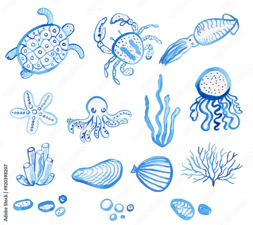 Obraz premium Marine life watercolor illustration set. Hand drawn underwater animals and shells on isolated background. Jellyfish and crab monochrome children cute image. Seaweed and pebbles for design 