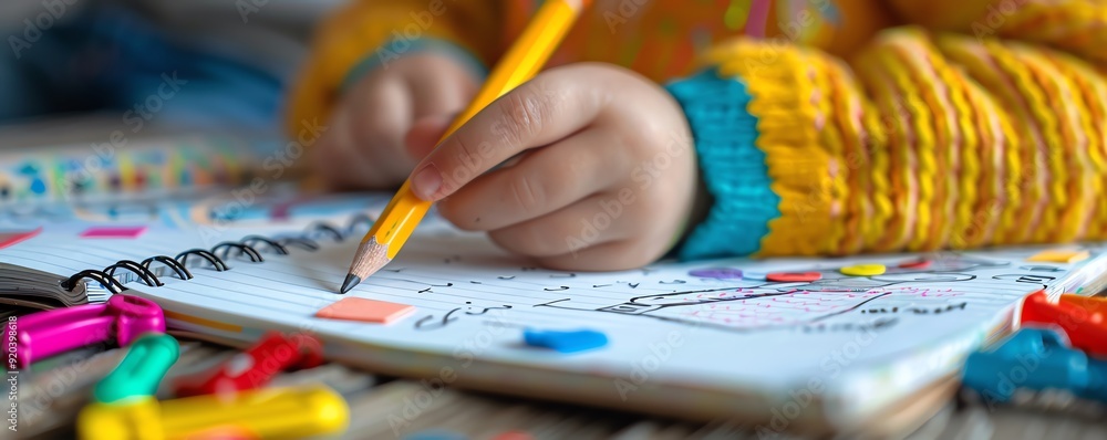 Close-up of a child's hand drawing in a notebook with a yellow pencil. Close-up of a child's hand drawing in a notebook with a yellow pencil.