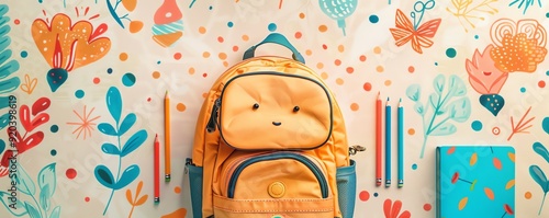 Cute blue and pink backpack with floral and doodle pattern.