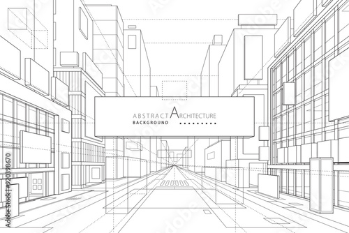 3D illustration abstract modern urban building out-line black and white drawing of imagination architecture building construction perspective design. 