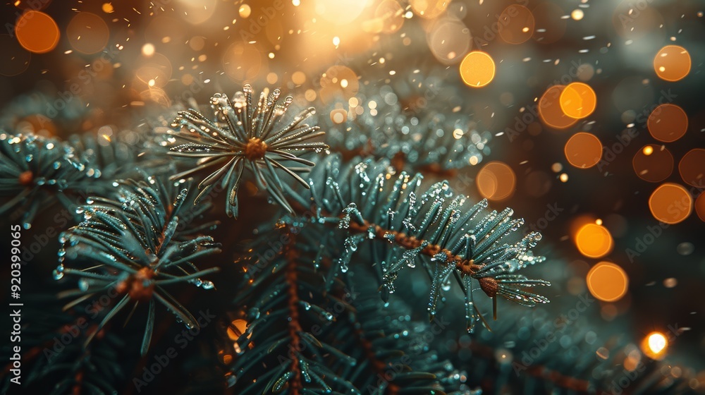 custom made wallpaper toronto digitalClose-up of a pine branch with dew drops glistening in the warm glow of holiday lights during winter