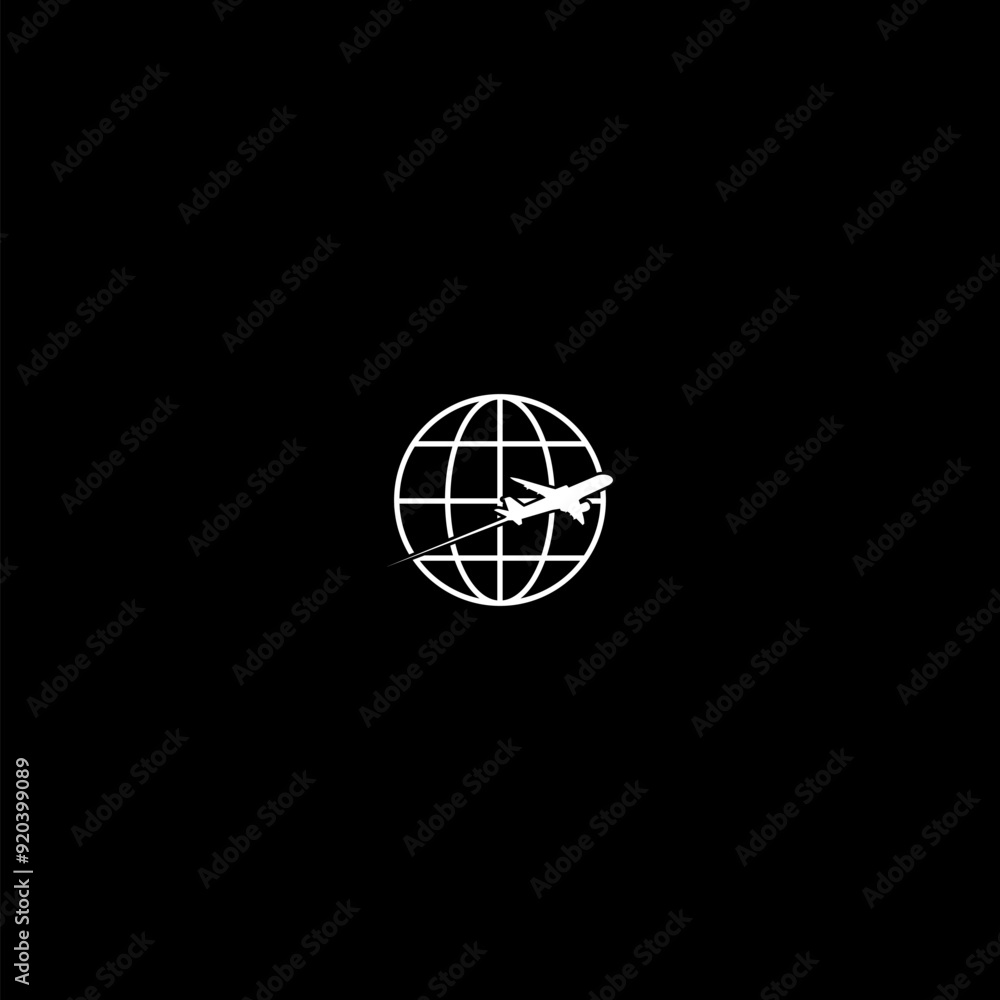 Travel icon with plane and planet icon isolated on dark background Travel icon with plane and planet icon isolated on dark background