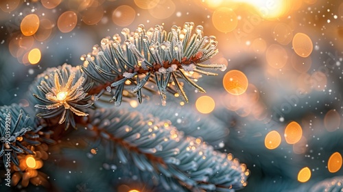 Wallpaper Mural Frost-covered pine needles glistening in golden sunset light with soft bokeh effect from falling snow Torontodigital.ca