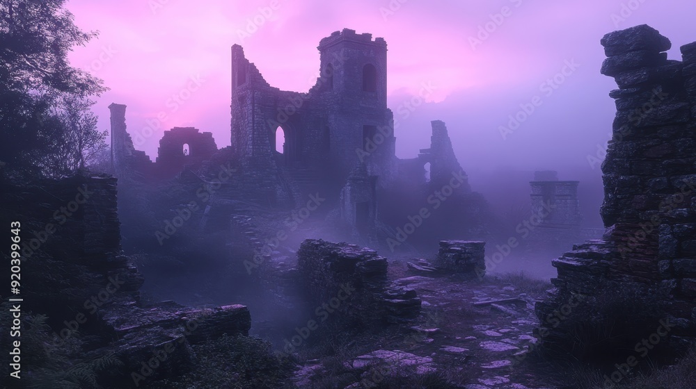 Fototapeta premium Enigmatic Ruins of the Bandit Empire at Dawn â€“ Mystical Pink and Purple Hues Invoking Forgotten Stories