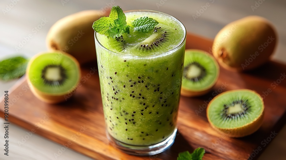 A refreshing Kiwi smoothie in a clear glass. The vibrant green color of the smoothie and the fruit slices creates a fresh and healthy visual appeal and a nutritious aspect of the drink. A refreshing Kiwi smoothie in a clear glass. The vibrant green color of the smoothie and the fruit slices creates a fresh and healthy visual appeal and a nutritious aspect of the drink.