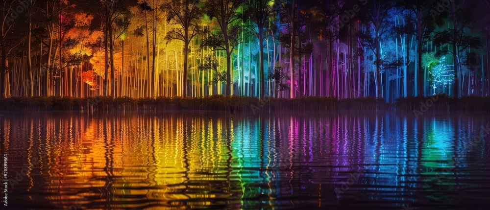 Obraz premium Colorful rainbow forest with reflection in the lake, 