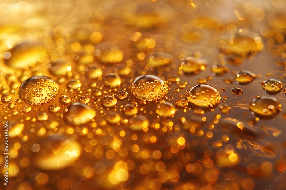 Close-Up of Glimmering Amber Droplets on a Surface Close-Up of Glimmering Amber Droplets on a Surface