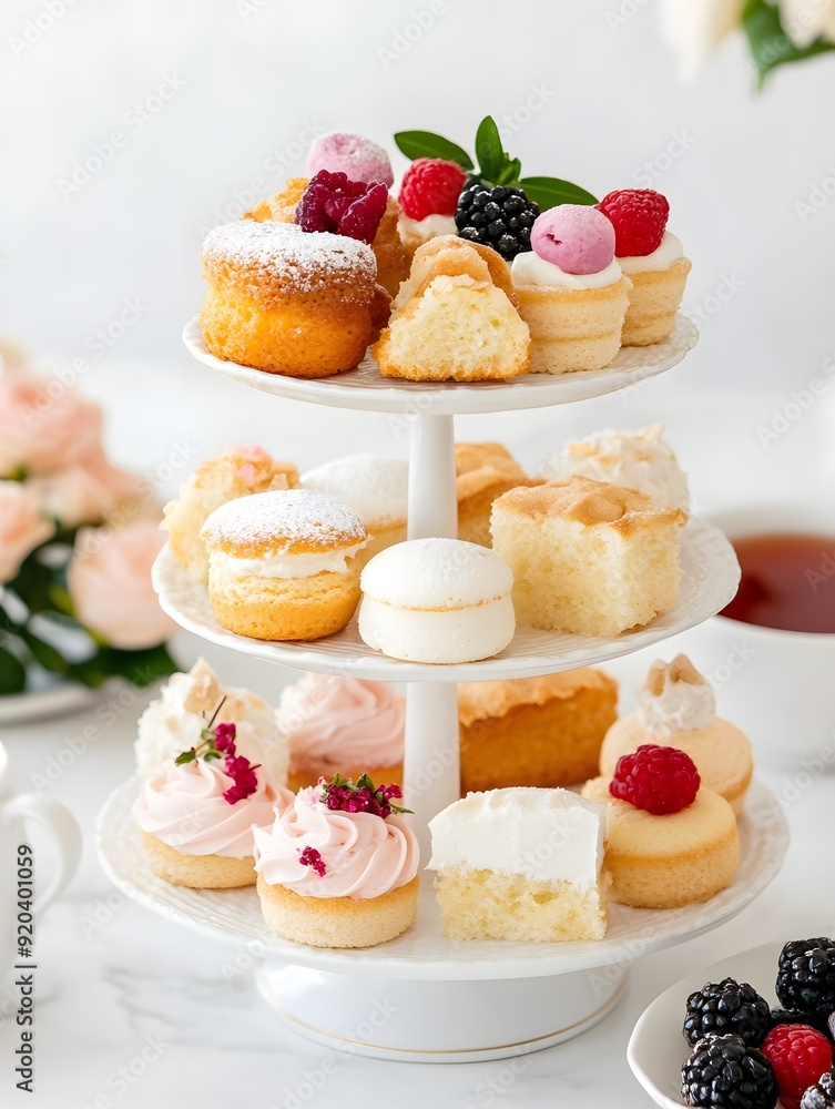 different mini cakes on fancy stand on an terrazzo white table, Generative AI different mini cakes on fancy stand on an terrazzo white table, Generative AI