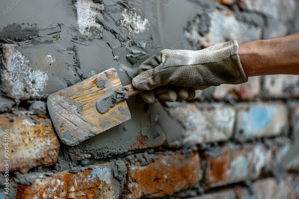 Skilled Hand Applying Mortar to Brick Wall with Trowel Skilled Hand Applying Mortar to Brick Wall with Trowel