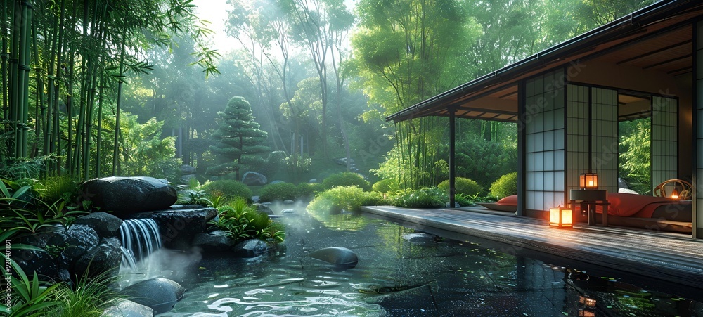 a pond with a covered area and trees.