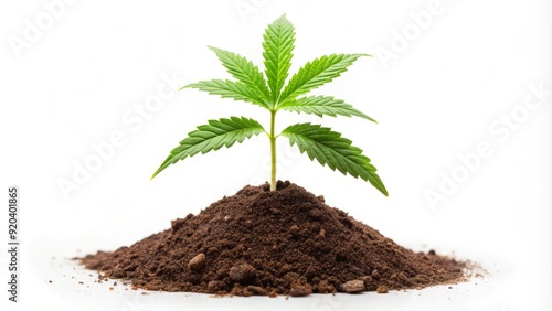 Single hemp seedling with delicate green leaves and a small stem, isolated on a pure white background, symbolizing growth and natural wellness.