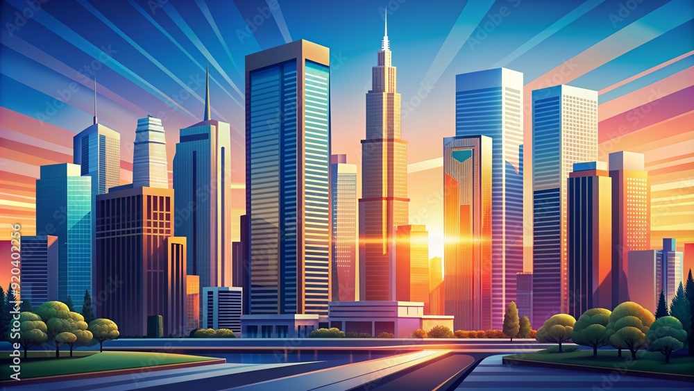 Fototapeta premium Stylish vector illustration of a modern cityscape at sunset with sleek skyscrapers, bustling streets, and vibrant colors against a gradient blue sky backdrop.