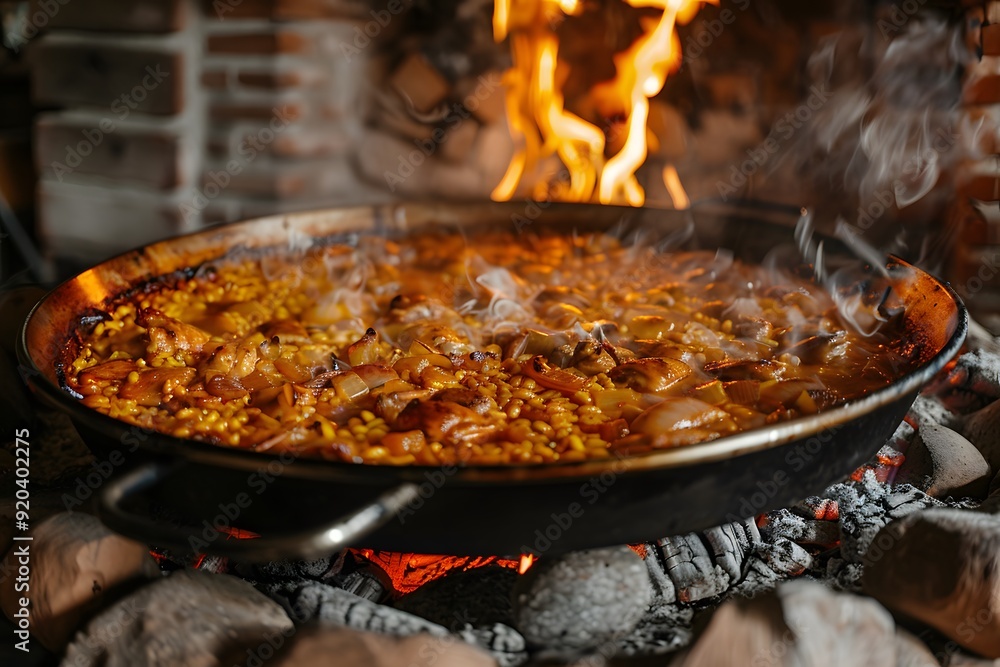 Fototapeta premium Sizzling Paella Cooking Over Open Flames