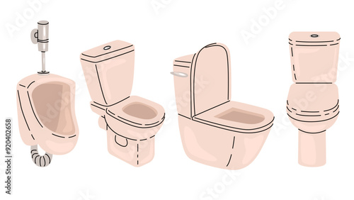 Toilet illustration. Toilets and urinal from different angles. Interior furnishing elements. Hygiene products for the body's natural needs. Vector illustration.