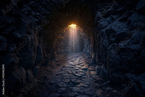 An adventurous rock tunnel with dynamic lighting reveals a dramatic depth and rugged terrain, capturing the essence of rock exploration.