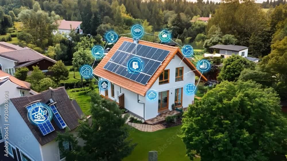 A rooftop solar panel and ESG icons, positioned against a vivid green ...