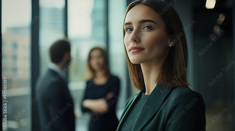 Fototapeta premium Businesswoman standing by a window, deep in thought, while her team collaborates in the background