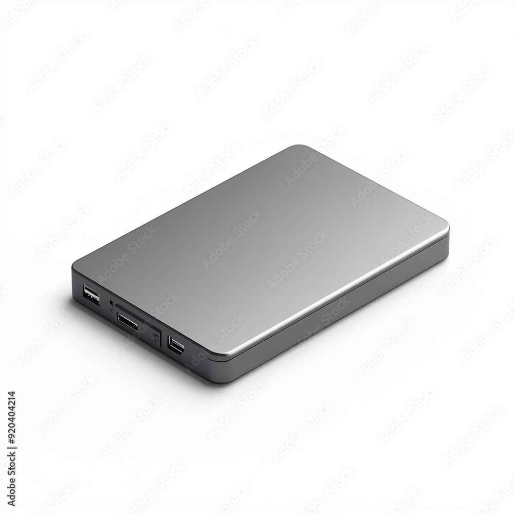 240805 81. External hard drive, gray color, white background, 3D Rendering, isometric, sleek rectangular shape with rounded edges, brushed metal finish 240805 81. External hard drive, gray color, white background, 3D Rendering, isometric, sleek rectangular shape with rounded edges, brushed metal finish