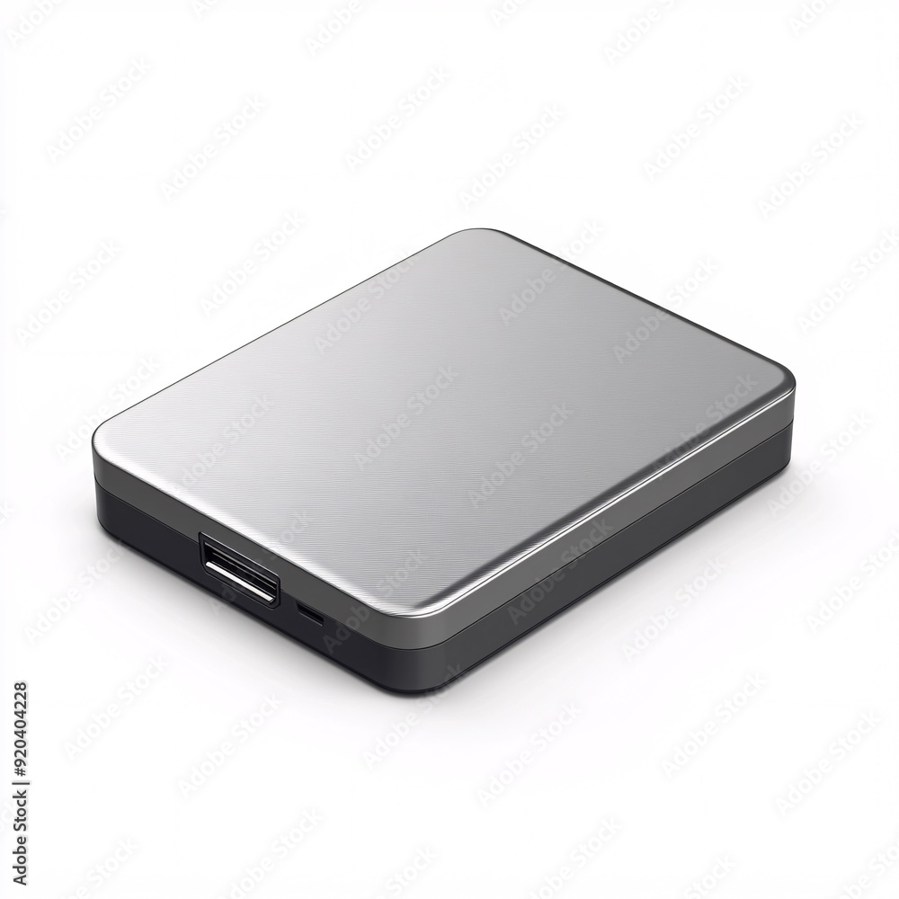 240805 81. External hard drive, gray color, white background, 3D Rendering, isometric, sleek rectangular shape with rounded edges, brushed metal finish 240805 81. External hard drive, gray color, white background, 3D Rendering, isometric, sleek rectangular shape with rounded edges, brushed metal finish