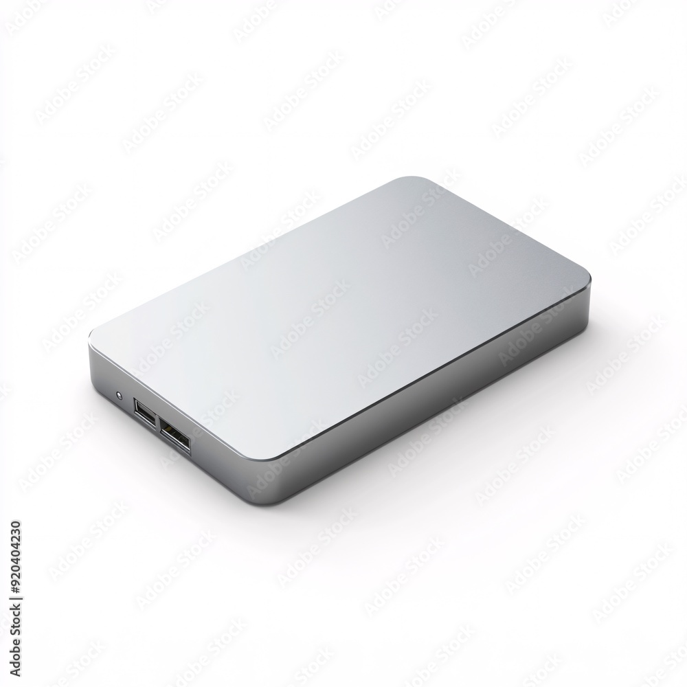 240805 81. External hard drive, gray color, white background, 3D Rendering, isometric, sleek rectangular shape with rounded edges, brushed metal finish 240805 81. External hard drive, gray color, white background, 3D Rendering, isometric, sleek rectangular shape with rounded edges, brushed metal finish