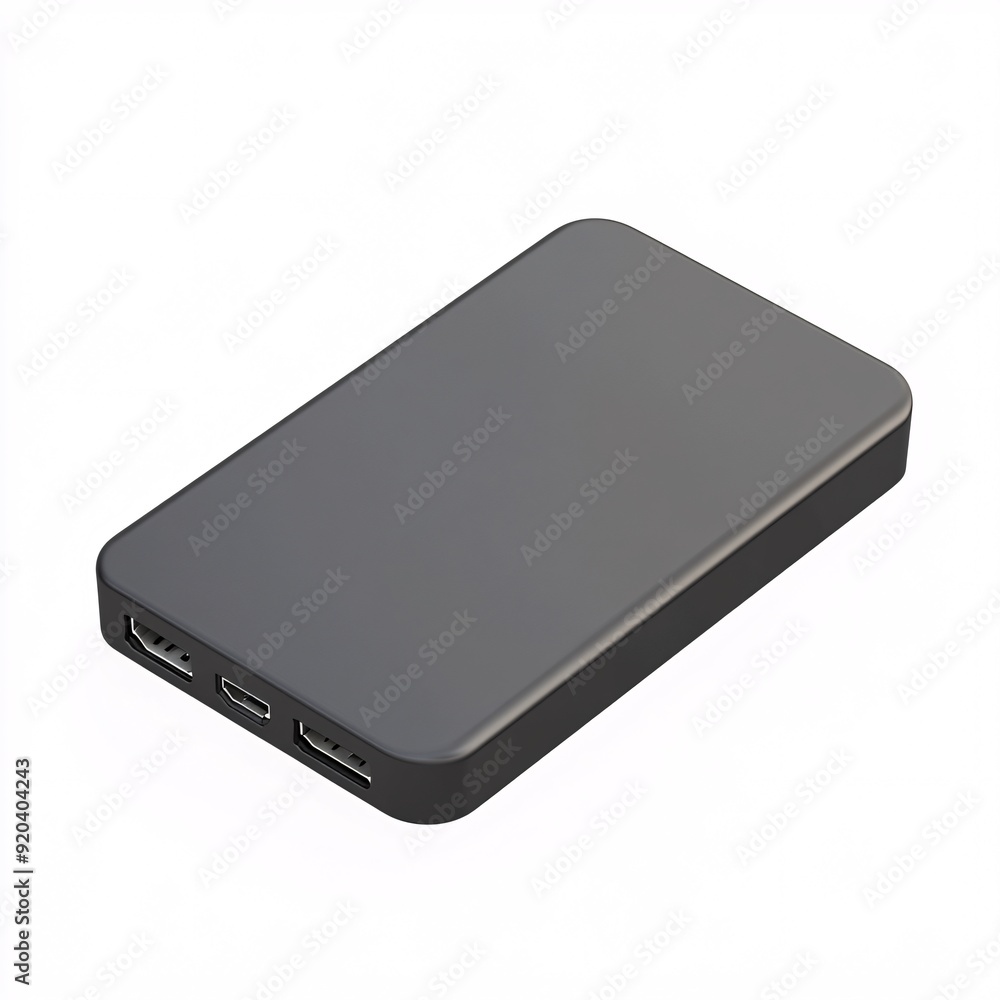 240805 82. Gray external hard drive with textured surface, white background, 3D Rendering, isometric, compact design, visible USB port 240805 82. Gray external hard drive with textured surface, white background, 3D Rendering, isometric, compact design, visible USB port