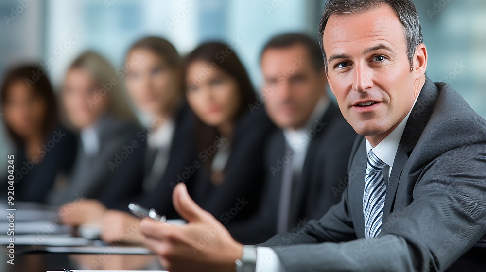 Male executive in a high-level meeting, presenting a new business strategy to his team Male executive in a high-level meeting, presenting a new business strategy to his team