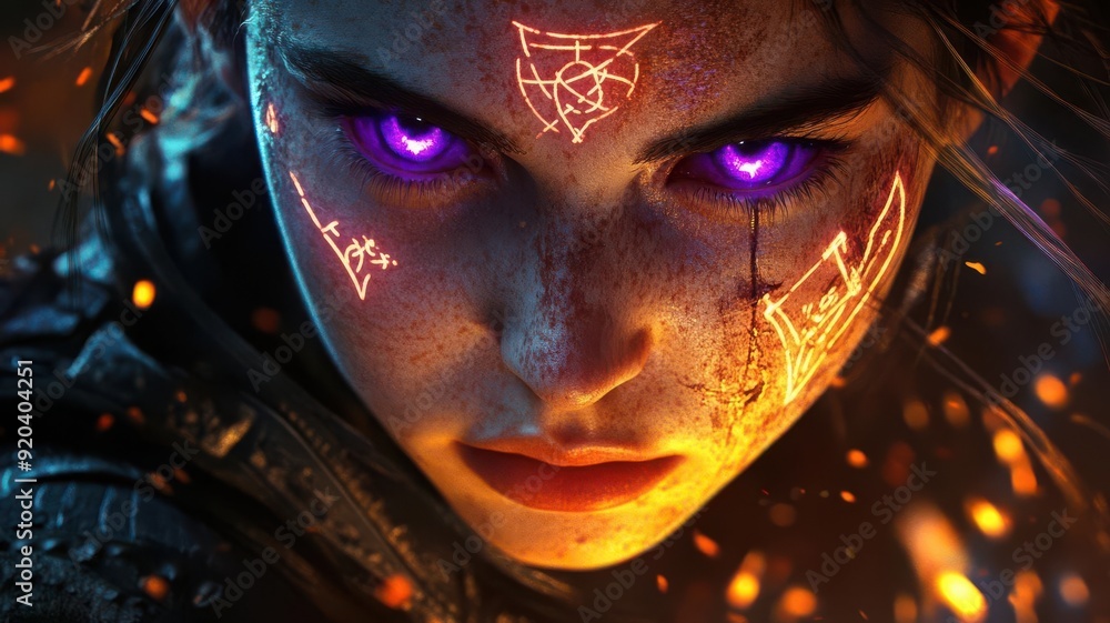 Witch woman with glowing purple eyes and arcane symbols on her skin, fantasy portrait, close-up, highly detailed