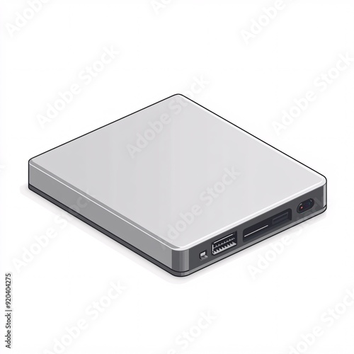 240805 83. External hard drive, metallic gray tone, white background, 3D Rendering, isometric, slim profile with status LED indicator, shock resistant casing