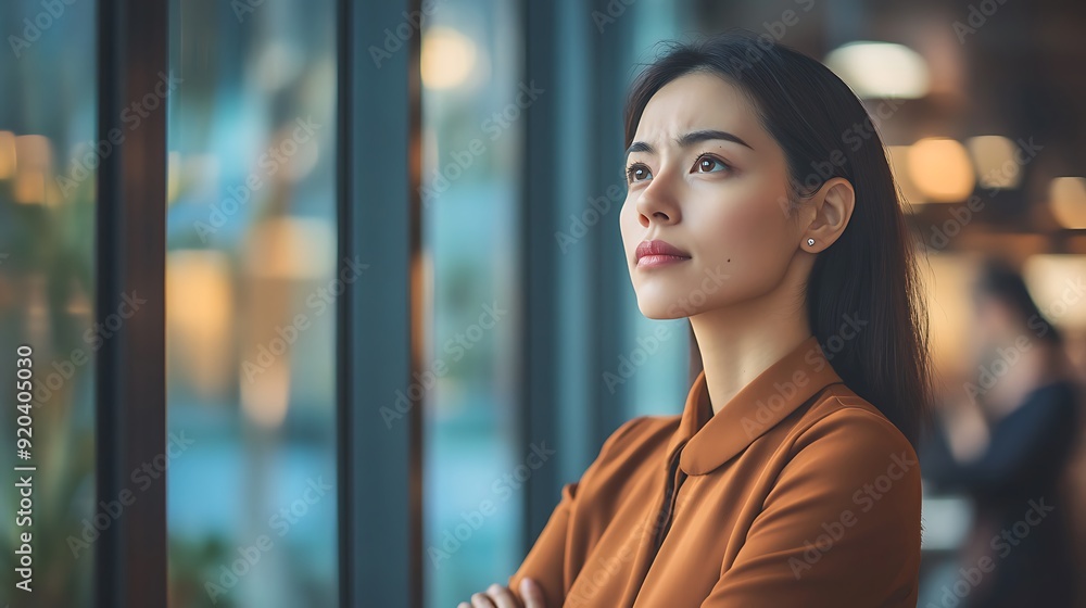 Businesswoman standing by a window, deep in thought, while her team collaborates in the background Businesswoman standing by a window, deep in thought, while her team collaborates in the background