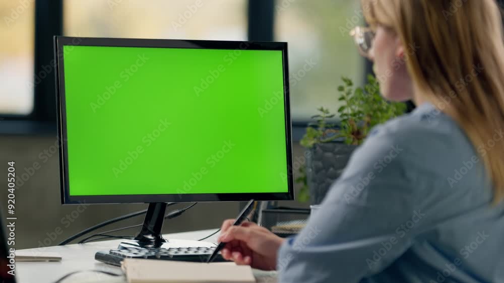 Young Woman Looks at Computer with Green Screen Mock Up Display and Writes Something in Notebook. Girl Working In Office On Computer With Green Screen Young Woman Looks at Computer with Green Screen Mock Up Display and Writes Something in Notebook. Girl Working In Office On Computer With Green Screen