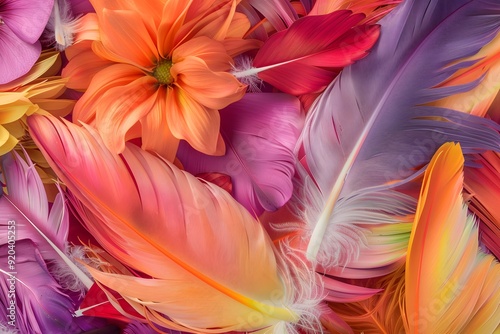 Multiple flowers intertwined with colored feathers, blending the textures and hues seamlessly. List of Art Media colored feathers background realistic