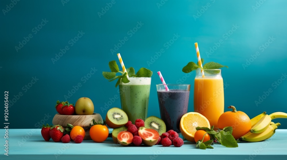 Healthy fruit and vegetable smoothies on dark blue background. Neural network ai generated art Healthy fruit and vegetable smoothies on dark blue background. Neural network ai generated art