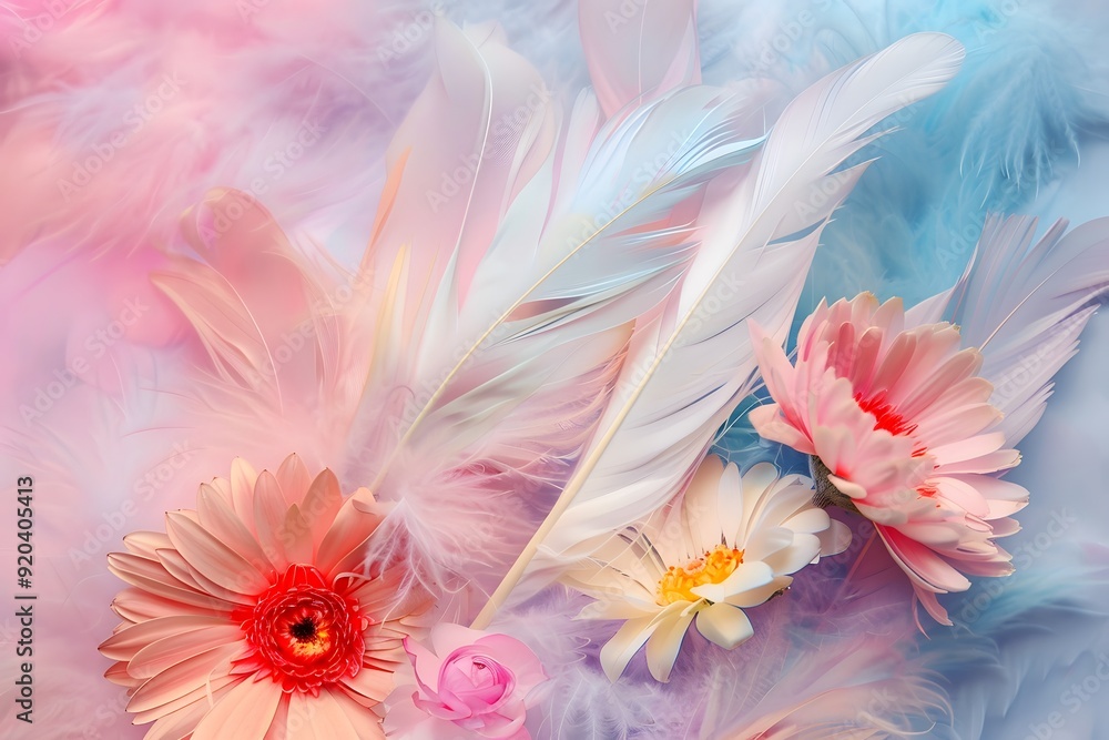 A cluster of flowers nestled among soft, colored feathers, creating a cozy and whimsical scene. List of Art Media colored feathers background realistic A cluster of flowers nestled among soft, colored feathers, creating a cozy and whimsical scene. List of Art Media colored feathers background realistic