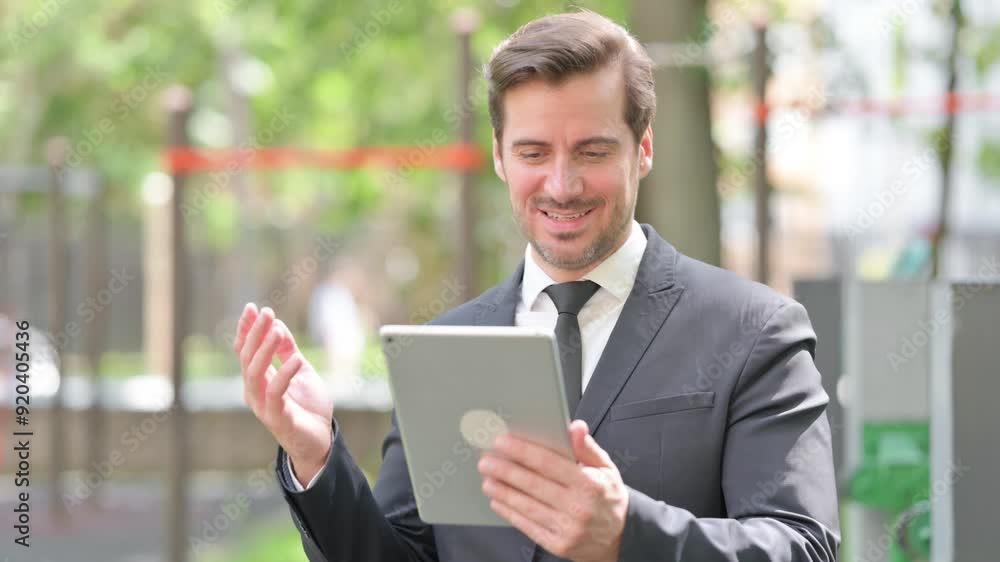 Portrait of Young Businessman Doing Video Chat on Tablet Outdoor Portrait of Young Businessman Doing Video Chat on Tablet Outdoor