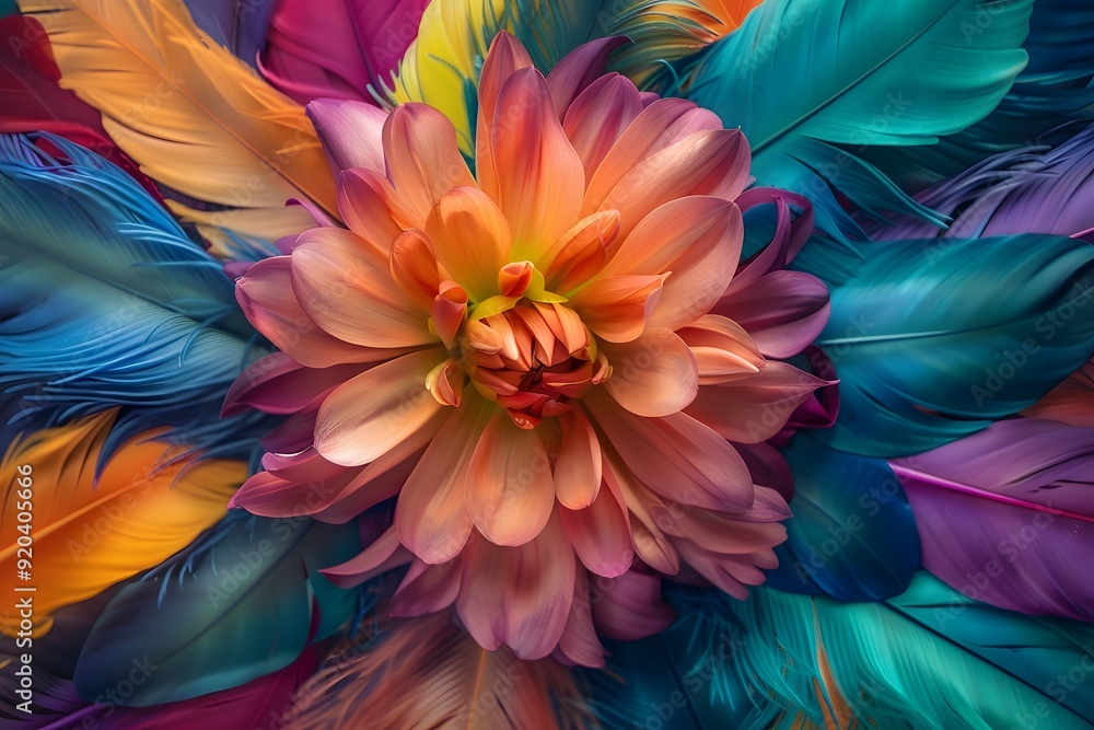 A vibrant flower in full bloom set against a background of colorful feathers, creating a striking contrast. List of Art Media colored feathers background realistic A vibrant flower in full bloom set against a background of colorful feathers, creating a striking contrast. List of Art Media colored feathers background realistic